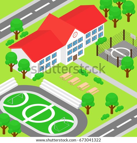 Vector illustration of isometric school and big green yard, playground, football ground, basketball ground, trees, tables and benches in colorful flat cartoon style.