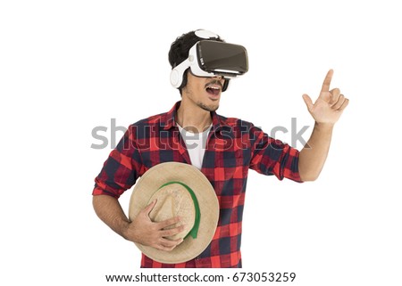 Farmer using VR virtual reality glasses simulator isolated in white background