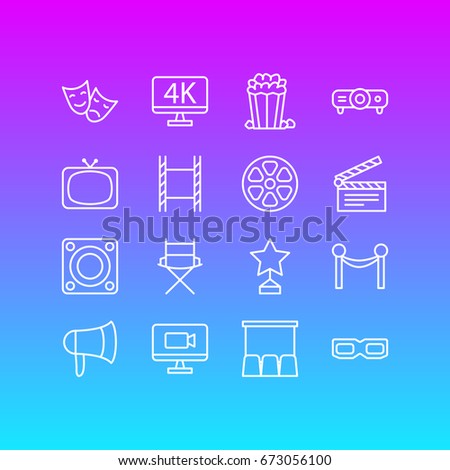 Vector Illustration Of 16 Cinema Icons. Editable Pack Of Reward, Resolution, Slideshow And Other Elements.