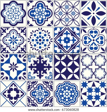 Vector tile pattern, Lisbon floral mosaic, Mediterranean seamless navy blue ornament Royalty-Free Stock Photo #673060828