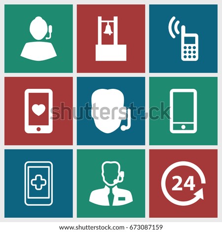 Call icons set. set of 9 call filled and outline icons such as 24 support, heart mobile, phone, help support, bell, support