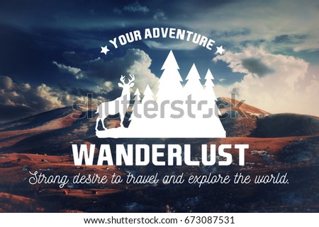 Wanderlust deer and pine logo on mountain landscape background. 