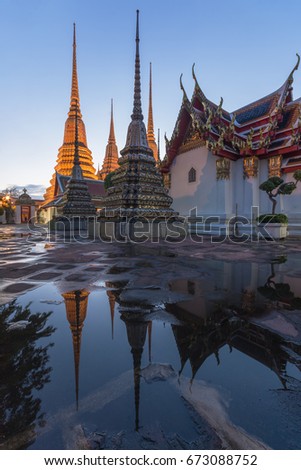 Temple of Wat Pho Top Popular Travel Landmark Thailand at the City of Bangkok "temple of the reclining buddha" in Scene sunset night time 