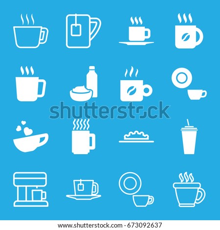 Coffee icons set. set of 16 coffee filled and outline icons such as mug, dish, drink, drink and food, cup with heart, cup, tea cup, camera wheel