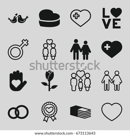 Love icons set. set of 16 love filled and outline icons such as rose, heart with cross, bandage, love word, lovebirds, heart cake,  family, male, couple