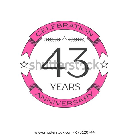 Realistic forty three years anniversary celebration logo with ring and ribbon on white background. Vector template for your design
