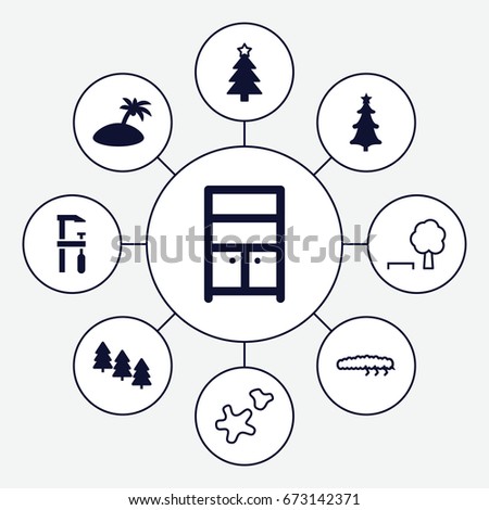Tree icons set. set of 9 tree filled and outline icons such as wardrobe, chainsaw, island, caterpillar