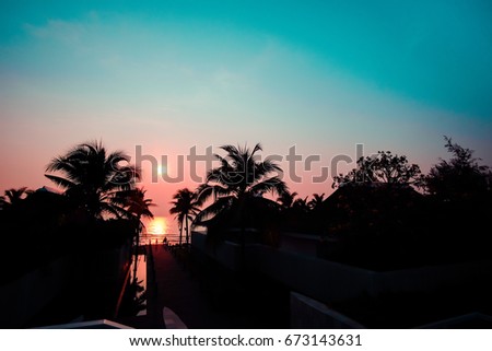 Silhouette  coconut plam View Sunset and See people sitting from a distance. scenic view of beautiful sky and colorful on orange, red, blue tone . At Hua Hin. In Thailang, Prachuap Khiri Khan