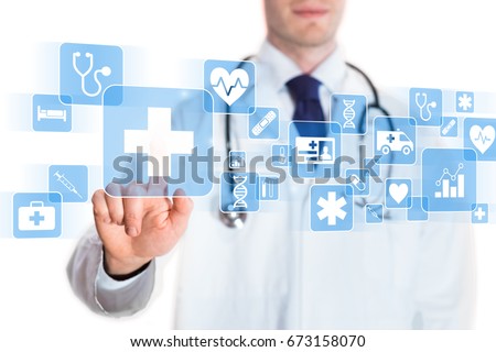 Medical doctor showing icons of health care services on a digital screen, isolated on white background
