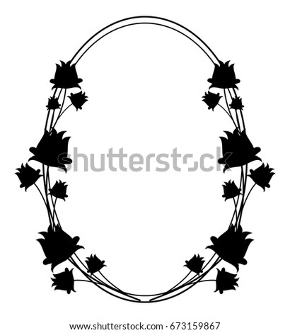 Black and white silhouette oval floral frame. Vector clip art