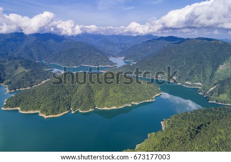Aerial views of beautiful lake in mountains area near Taipei, Taiwan. 