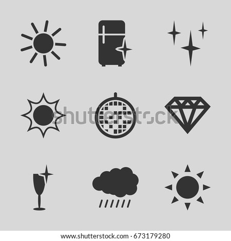 Shine icons set. set of 9 shine filled icons such as sun, diamond, clean, clean wine glass, clean fridge