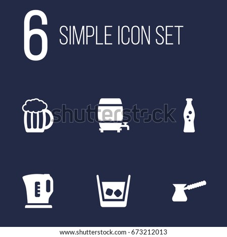 Set Of 6 Drinks Icons Set.Collection Of Turkish Coffee, Fizzy Water, Cask And Other Elements.