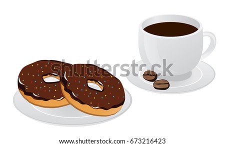vector illustration of cup of coffee and donuts on a plate.