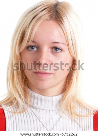 Young attractive blonde girl with beautiful smile headshot isolated on white background