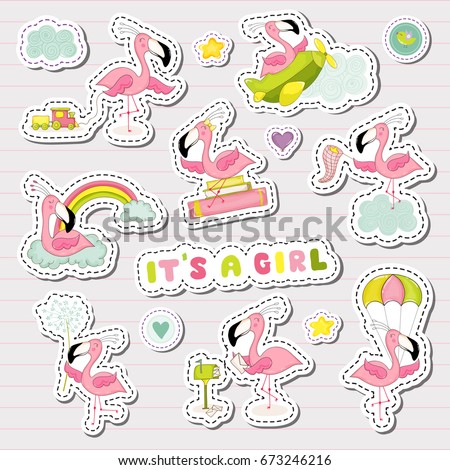 Sweet Girl Stickers Set for Baby Shower Party Celebration. Decorative Elements for Newborn with Cute Flamingo. Vector illustration