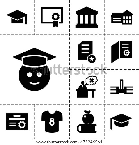College icon. set of 13 filled collegeicons such as graduation cap, graduate emoji, teacher, court building, football t shirt, diploma, school, apple on book