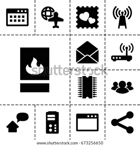 Network icon. set of 13 filled networkicons such as globe and plane, photo with heart, group, envelope, fire protection, router, home message, cpu, transmitter, server