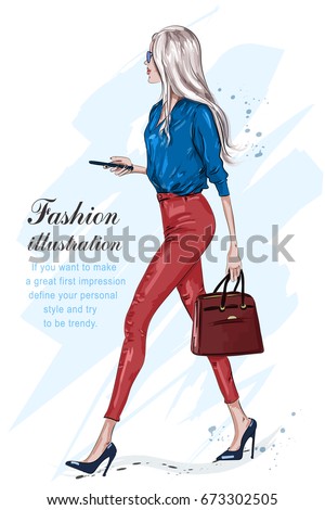 Beautiful fashion woman walking. Fashion stylish girl with accessories. Stylish businesswoman. Hand drawn fashion model in sunglasses. Sketch. Vector illustration.