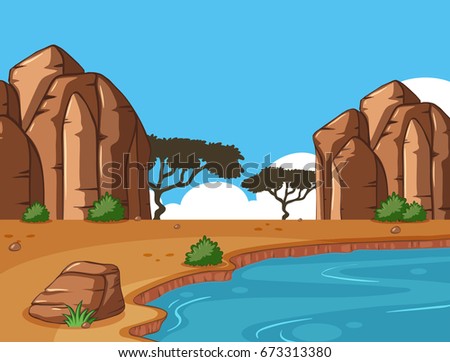 Scene with canyon and waterhole illustration