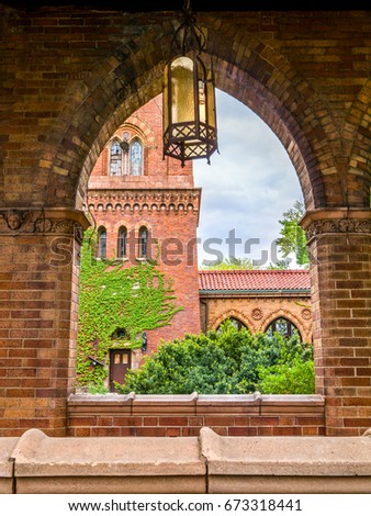 Looking through archway of beautiful old brick church in Holy Corners, downtown St. Louis, Missouri