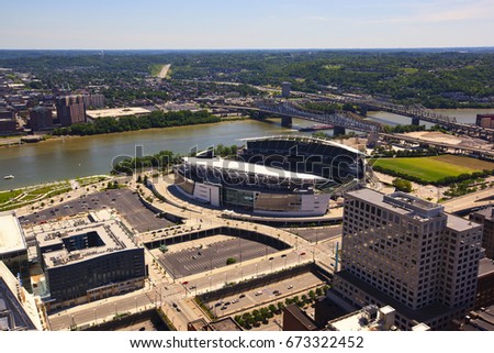 Aerial view of Cincinnati, Ohio, looking toward the Ohio River and Covington Kentucky