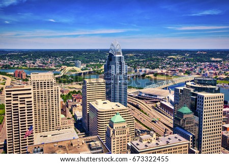 Aerial view of Cincinnati, Ohio looking toward Kentucky