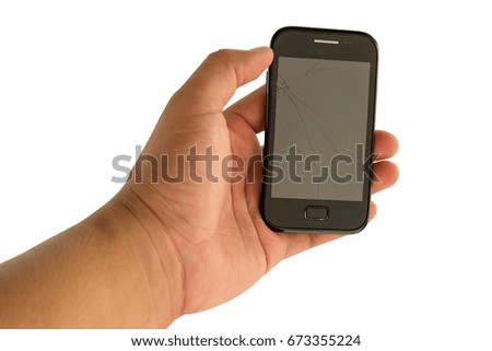 Broken screen of a smart phone on a white background.