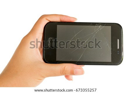 Broken screen of a smart phone on a white background.