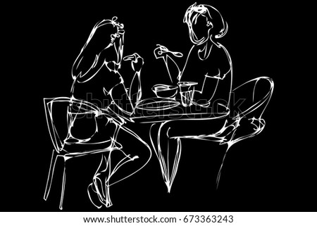  vector sketch two girls eat in a cafe