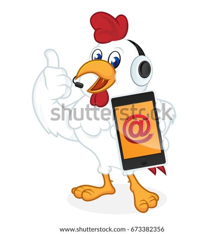 Chicken cartoon holding phone isolated in white background