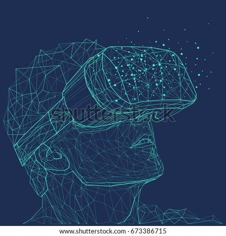 Low poly wire outline geometric illustration. Virtual reality glasses. Connection abstract vector structure Royalty-Free Stock Photo #673386715