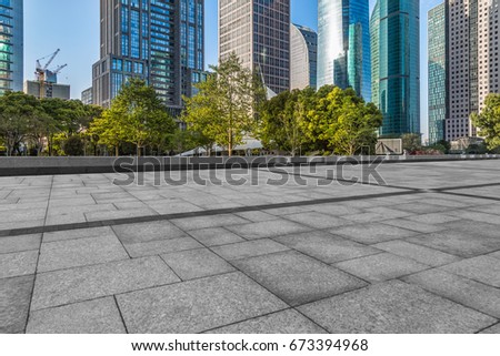 cityscape and skyline of shanghai in blue sky from empty floor
