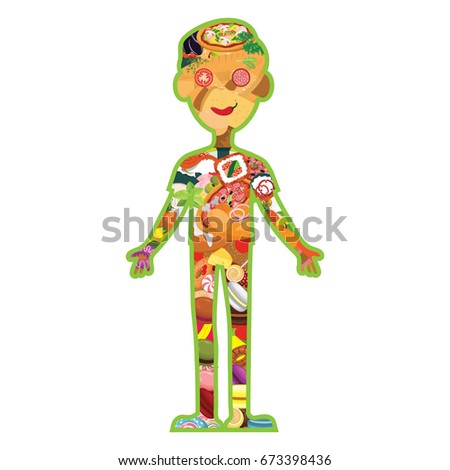 Vector food in the form of a human body. The idea for a restauran menu or a healthy lifestyle. An unusual concept. On white isolated background.