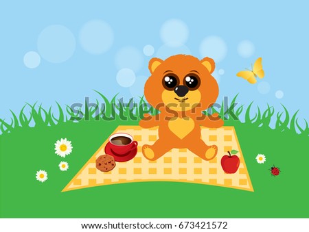 Teddy bear in the meadow. Cute teddy bear illustration. Teddy bear in summer