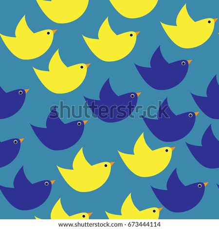 Blue and yellow simple birds. Seamless pattern for background, backdrop, textile print, fabric or wrapping paper
