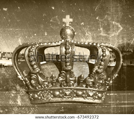 Closeup of the Swedish royal crown in Stockholm, textured in sepia tones with scratches and stains with blurry edges and brightness for a worn lock. 
