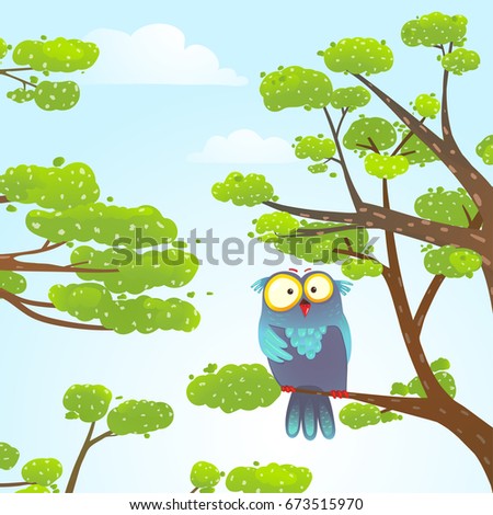 Owl sitting on tree in wild nature in sky with clouds. Colorful childish cartoon with wise bird sitting on the brunch. Raster variant.