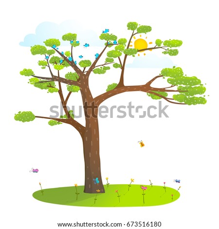 Tree on the grass lawn sky and sun wild landscape. Nature empty landscape background with grass lawn flowers for kids design, colorful cartoon. Raster variant.