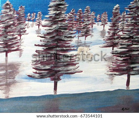 Original acrylic painting on canvas with trees, snow, polar bears, water, reflection, iridescent
