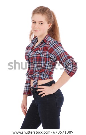 Portrait of a happy pretty girl in plaid shirt isolated on white background