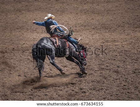 Cowboy riding a bucking bronco in a rodeo Royalty-Free Stock Photo #673634155