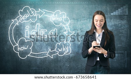 Creative ideas concept, beautiful businesswoman writing in notebook on painted background near idea organizational chart