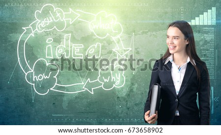 Creative ideas concept, businesswoman holding briefcase on studio painted background near idea organizational chart.