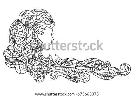Woman Silhouette for Colouring, Coloring Page or Book, Long Hair, Uncolored Hand Drawn Vector Illustration EPS 10