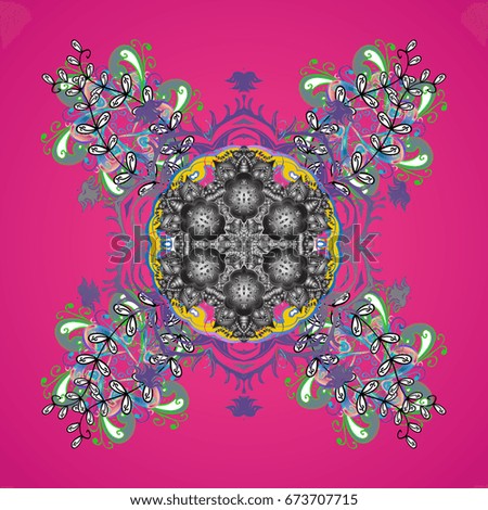 Illustration. Snowflake frame. Christmas frame with abstract snowflakes and dots on colorful background.