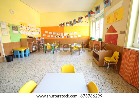 classroom of a daycare center without children and teacher Royalty-Free Stock Photo #673766299