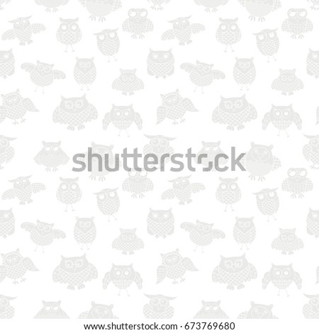 Funny light grey ornate owl seamless vector pattern, white background