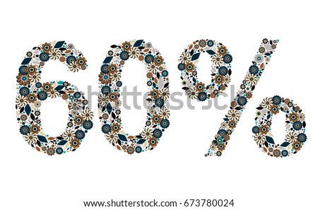 60% vector percentage number, consisting from flowers, leaves and dots on white background. Flat style elements. Perfect for sales, discount, retails. Trendy colors