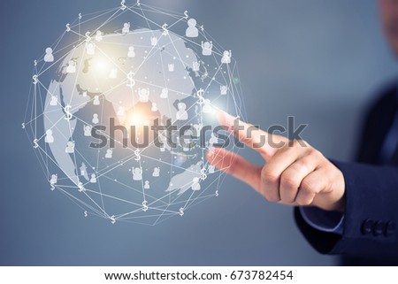 Businessman hand phone with virtual social media button concept blue tone Royalty-Free Stock Photo #673782454